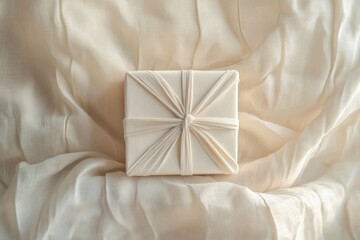 A White Gift Box Tied with a White Ribbon on a White Fabric Background