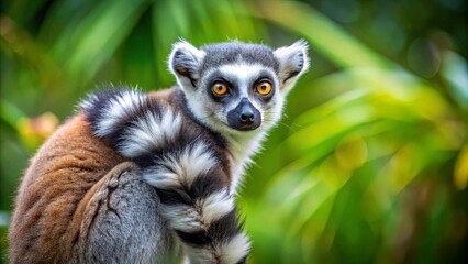 Fototapeta premium A curious lemur with captivating amber eyes peers from behind its fluffy tail, its black and white striped coat blending seamlessly with the verdant background.