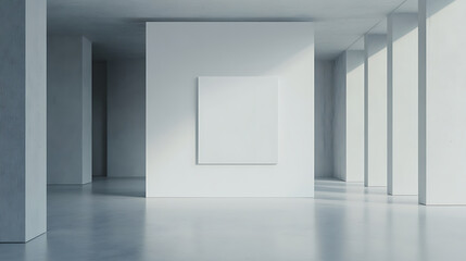 Minimalist art gallery with white walls and single blank canvas, creating serene and contemplative atmosphere. spacious design emphasizes simplicity and elegance