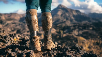 A hiker with prosthetic legs stands confidently on rugged terrain, gazing at a breathtaking mountain view under a bright sky