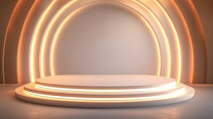 Obraz premium White Circular Platform with Glowing Edges and Wooden Background