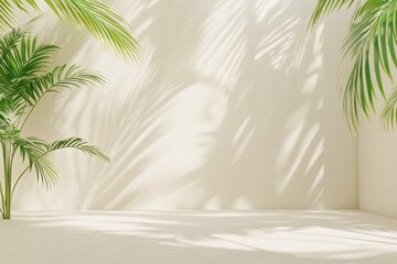 Palm Leaves Shadow on White Wall - Minimalist Tropical Background
