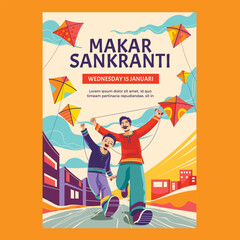 People are flying kites during the Makar Sankranti Festival Celebration at Hindia Poster or Flyer Design