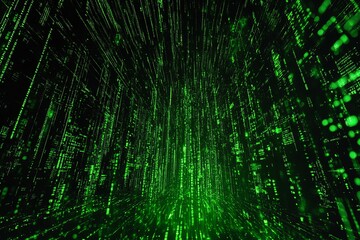 Abstract green digital code background with lines of data flowing down.