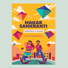 People are flying kites during the Makar Sankranti Festival Celebration at Hindia Poster or Flyer Design