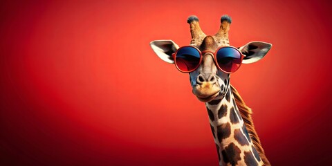 A Tall Tale of Fashion A Giraffe Rocks Red Sunglasses Against a Vibrant Crimson Backdrop