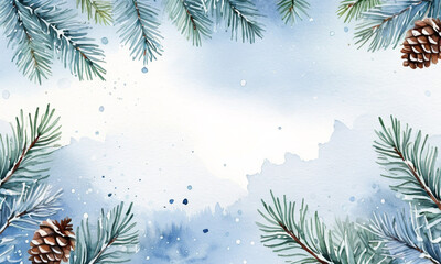 Obraz premium Tranquil Winter Invitation Illustration: Snow-laden branches and cool hues on a pristine white background. This serene and frosty-themed watercolour captures the essence of winter's calm beauty