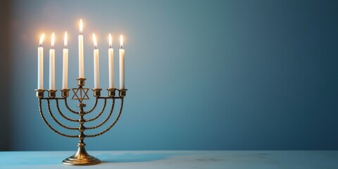 Elegant Hanukkah Menorah with copy space, A sleek, modern menorah design placed in the lower third of the frame, with an empty backdrop for text.
