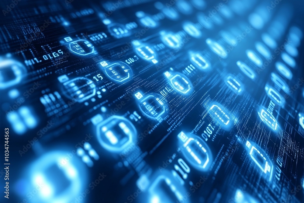 Poster Abstract blue digital background with glowing binary code and numbers.