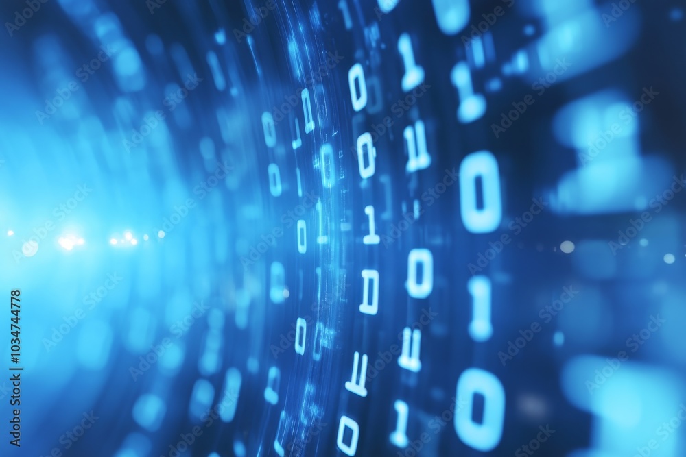 Poster abstract blue background with binary code swirling in a futuristic tunnel.