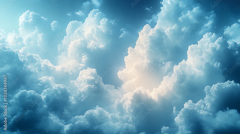 Wall mural a bright light shines through a dense layer of clouds in the sky.