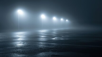 Fototapeta premium a foggy street with a row of lights on it