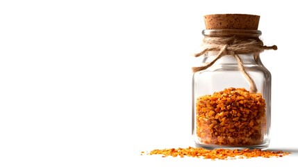 Antique-style spice jar, glass body, wooden cork, old-fashioned label, rustic setting, isolated on white background