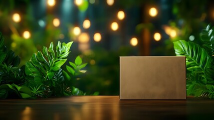 Biodegradable food container featuring leafy designs in an eco cafe with wood elements, green plants, soft ambient lighting, 3D render, Organic textures