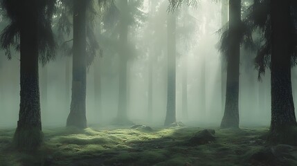 Fototapeta premium A serene forest shrouded in fog