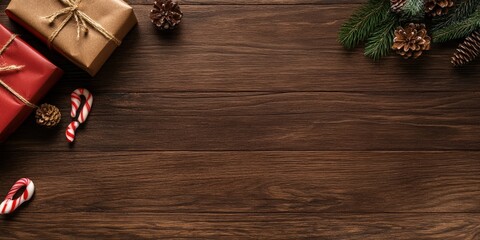 Holiday Gifts and Decor on Rustic Wooden Table