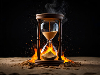 A fiery hourglass with flames inside and a burning candle, symbolizing the passage of time