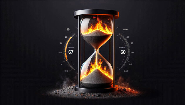 A fiery hourglass with flames inside and a burning candle, symbolizing the passage of time