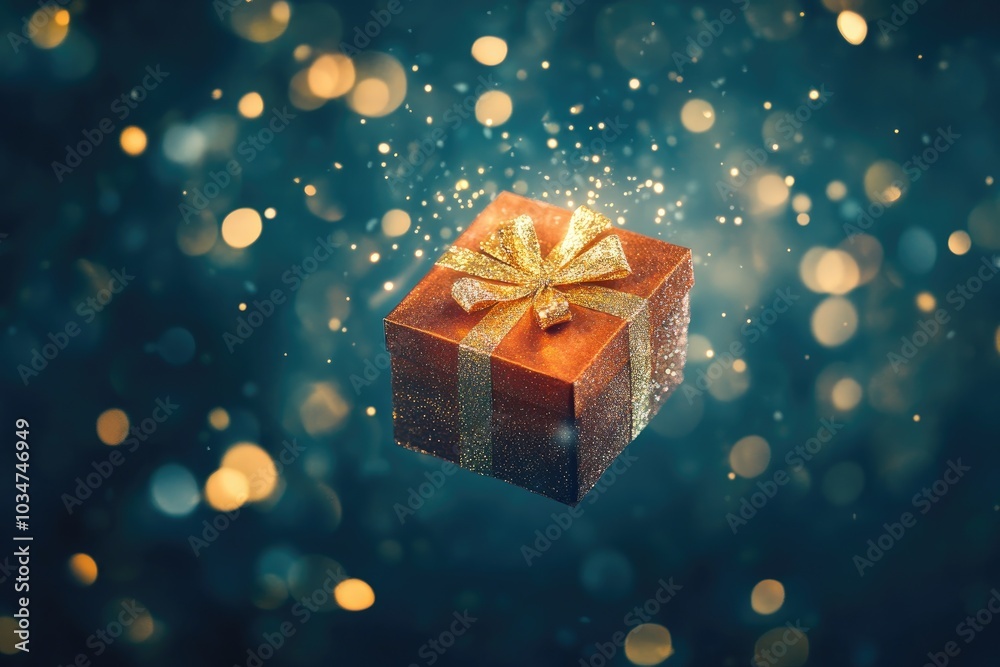 Canvas Prints Glittering Gold Gift Box Suspended in Bokeh