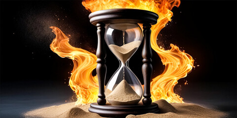 A fiery hourglass with flames inside and a burning candle, symbolizing the passage of time