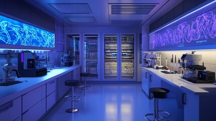 Advanced genetics lab with rotating 3D holoscans of chromosomes and digital control panels