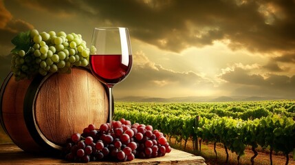 Red Wine Glass  Grapes  Barrel   Vineyard Landscape