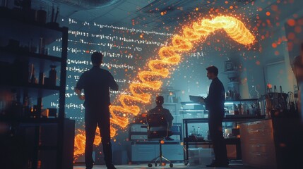 Holographic DNA strands rotating in mid-air as geneticists discuss sequencing data in a modern research lab