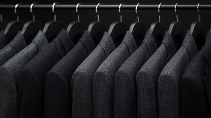 The suits hanging on the clothes rack are neatly arranged for display.