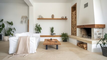 A white living room features a modern fireplace with firewood storage.