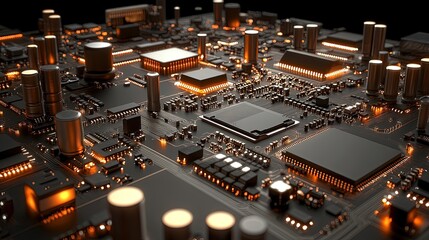 Chip and Circuit Board on Dark Background with Light Orange, Azure, Indigo, and Gold Highlights, Featuring Polished Surfaces and Precisionist Design