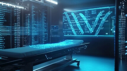 Interactive holographic display of gene sequences floating above a surgical table in a futuristic
