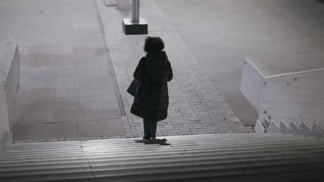 A woman is walking down a staircase in the dark. She is wearing a black coat and carrying a handbag. The scene is quiet and peaceful, with no other people or objects visible, horror scene
