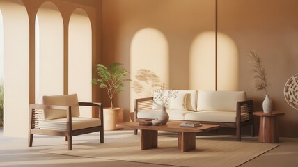 Sunlight streams into a room with wooden furniture.