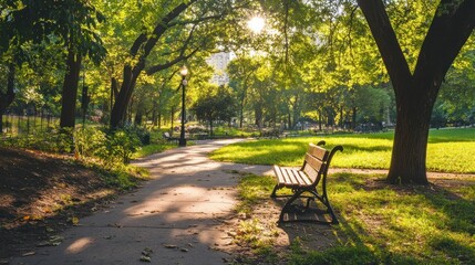 Sunlit Bench in a Tranquil Park