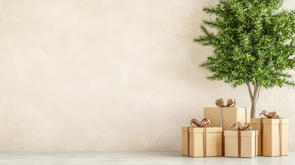 A modern Christmas scene with gifts wrapped in sustainable packaging options like recycled cardboard