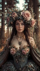 Beautiful woman dressed in an extravagant dress and hat decorated with roses