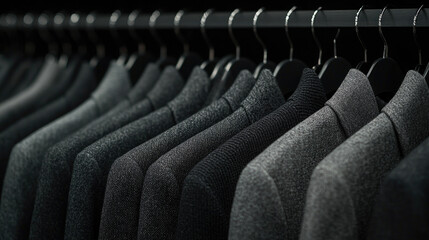 Obraz premium The suits hanging on the clothes rack are neatly arranged for display.