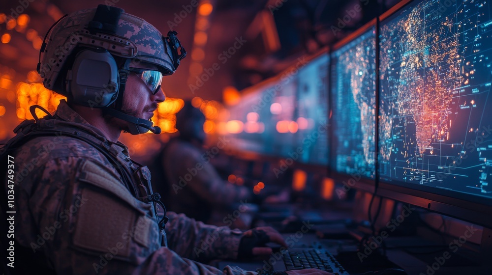 Leinwandbilder a soldier monitors multiple digital screens in a high-tech command center, focusing on critical data