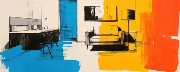 Modern abstract living room with bold color contrasts