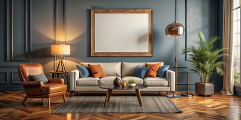 Fototapeta premium Industrial Living Room with Blank Frame, White Sofa, and Wooden Floors - Modern Home Decor Inspiration