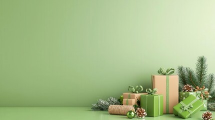 Eco-friendly Christmas gift wrapping station with organic materials, green holiday theme, 3D illustration
