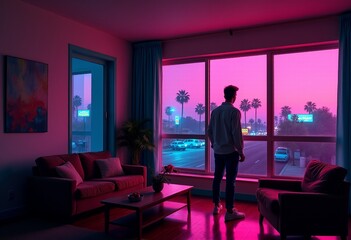 Cinematic Nostalgia: A Minimalistic 1980s Apartment with Neon Lights, Vintage Furniture, and a Man Silhouetted Against a Glowing Skyline of Palm Trees
