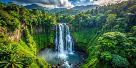 Fototapeta premium Majestic Waterfall in Tropical Forest - Aerial Photography of Lush Green Cliffs and Cascading Water in Vibrant Nature Landscape for Travel and Adventure Enthusiasts