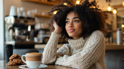 A woman sits in a cafe, enjoying a cup of coffee and some cookies - Powered by Adobe