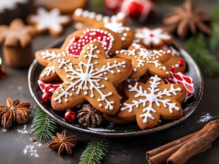 Festively decorated gingerbread cookies arranged on a rustic plate.