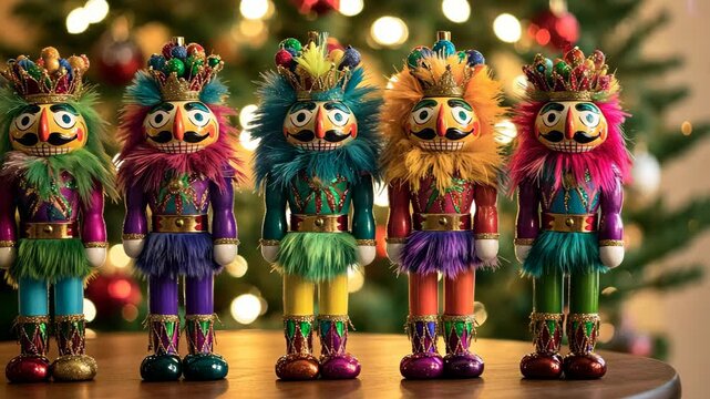 Four colorful nutcracker figurines stand in a row on a wooden table, in front of a decorated Christmas tree