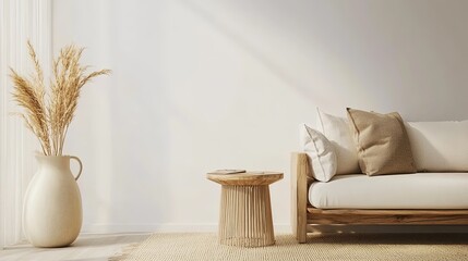 Interior design of living room with cushion at comfortable sofa, wooden side table with plants in vase, elegant accessories and cozy rug. White copy space wall. Minimalist home decor