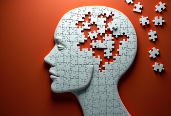 Intricate 2D Human Head Design Crafted from White Puzzle Pieces on a Dark Cayenne Background - A Unique Artistic Perspective