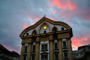 Historic Church Building at Sunset in Ljubljana, Slovenia
