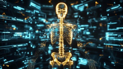 A highly detailed futuristic hologram scan of the human skeletal system, highlighting every bone in glowing, translucent layers